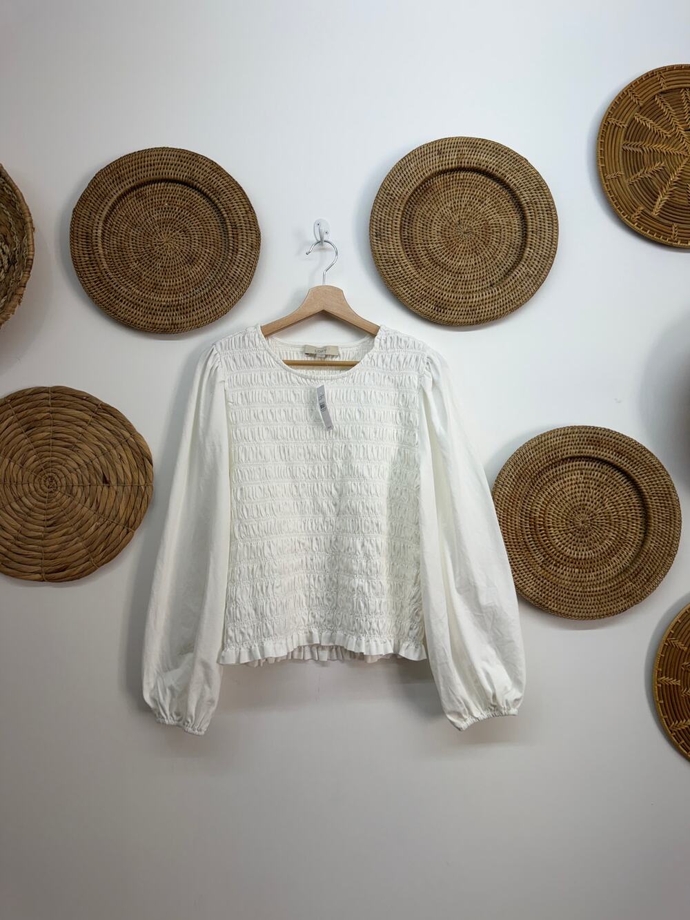 NEW LOFT White Smocked Top Large